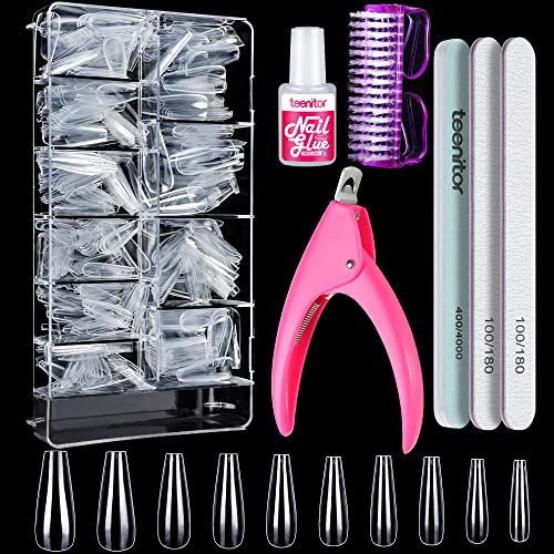 Clear Nail Tips, Artificial French Acrylic Press on Nails Set, 500 Pcs Coffin Half Cover Natural False Nails with Nail Glue Nail Files Buffer Shi