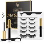 Magnetic Eyelashs Natural Look, Larbois 5 Paires Magnetic Eyelashes with Eyeliner Kit, Self Adhesive＆Reusable Fluffy Fake Eyelashes Set and Water