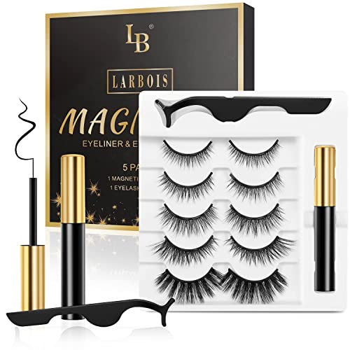 Magnetic Eyelashs Natural Look, Larbois 5 Paires Magnetic Eyelashes with Eyeliner Kit, Self Adhesive&Reusable Fluffy Fake Eyelashes Set and Water