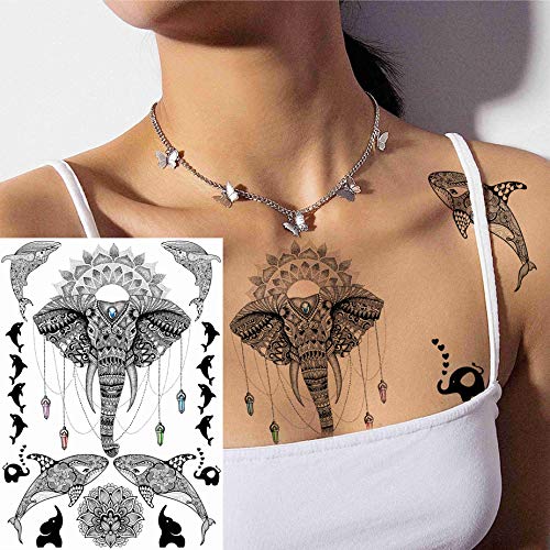 EGMBGM 28 Sheets Tribal Black Temporary Tattoos For Women Girls, Waterproof Fake Tattoos Temporary Elephant Ganesha Lace Tattoo Kits, Lotus Manda