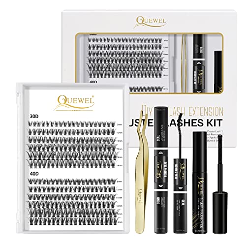Individual Lashes 240 Cluster-Lashes QUEWEL DIY Lash-Extensions Kit, Clusters Eyelash Applicator, Cluster Lashes Bond and Seal Super Hold, Cluste