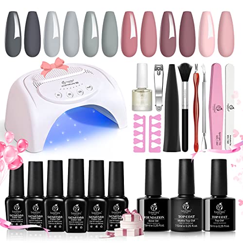 Beetles Gel Nail Polishes Starter Kit, 6 Colors Nail Salon Set with 48W Nail Lamp, Pink Valentines Decorations French White Glitter Pink Nude Gel