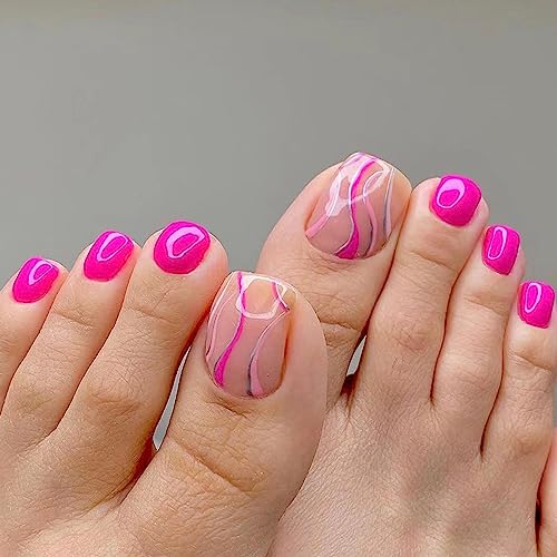 French False Toenails Short - Acrylic Press on Toe Nails - Pink Stick on Toenails with Glue - Full Cover Toe Nail Tips for Women Girls Nail Art