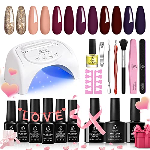 Beetles Gel Nail Polishes Starter Kit, 6 Colors Nail Salon Set with 48W Nail Lamp, Pink Valentines Decorations French White Glitter Pink Nude Gel