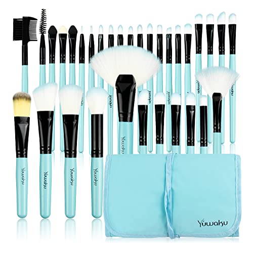 Makeup Brushes Set, 32pcs Blue Premium Cosmetic Make Up Brushes Foundation Blending Blush Concealer Shader Eyeshadow Eyeliner Compatible withTrav