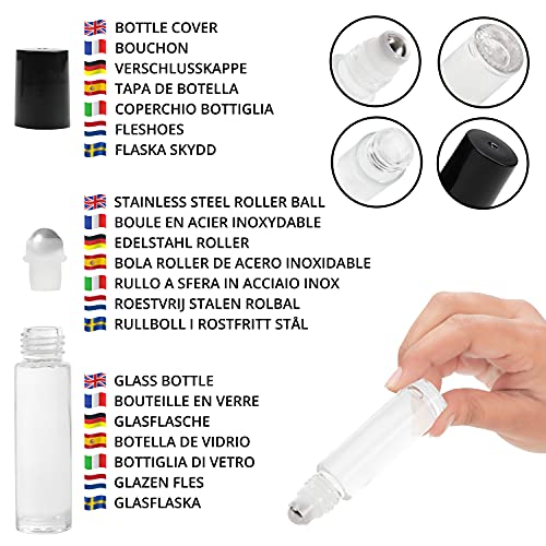 BELLE VOUS Clear Glass Roll-On Bottles & 3 Droppers (24 Pack) - 10ml Refillable Roller Bottles with Stainless Steel Balls - Essential Oils, Aroma