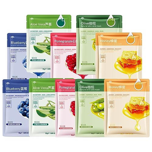 Sheet Mask,5Pcs Fruit Extract Face Mask Set,Aloe Vera Gel Face Mask,Hydrating Face Mask,Face Masks Beauty,Face Masks Skincare,Improves Skin Face