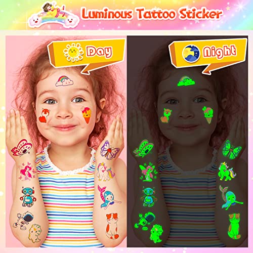 Glitter Tattoos for Kids, Sparkly Birthday Gift for 6 7 8 9 10 Year Old Girls, Temporary Tattoo Set Including Glitter, Tattoo Stencil, Luminous T