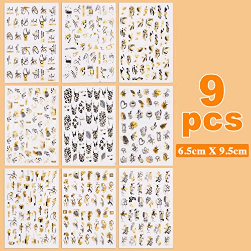 9 Sheets Black Gold Abstract Nail Art Stickers Line Plant Nail Stickers Self-Adhesive Line Leaf Flower Lady Face Leopard Print Nail Decals Sticke