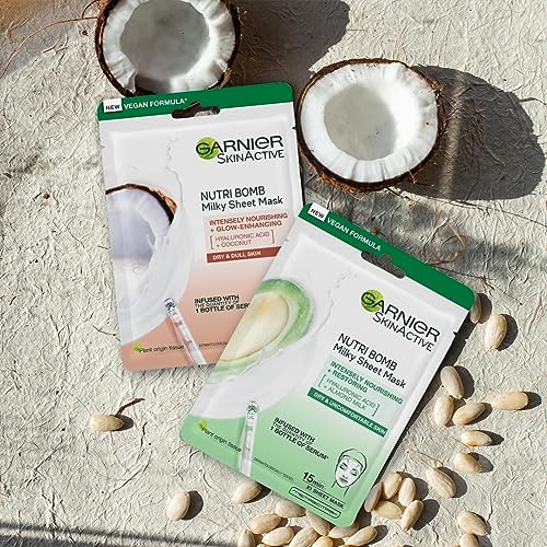 Garnier Nutri Bomb Milky Sheet Mask, With Almond Milk and Hyaluronic Acid for Hydrated Glowing Skin, Intensely Nourishing & Restoring Milky Face