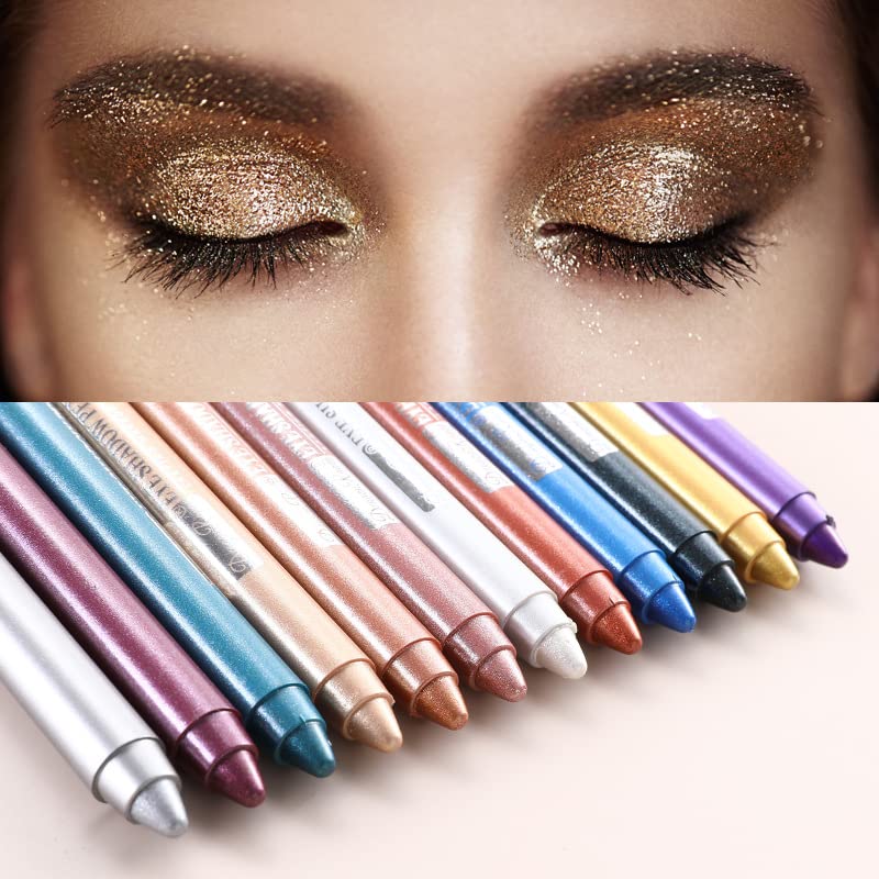 Pearlescent Silkworm Eyeshadow Pencil Crayon Lasting Waterproof and Not Blooming Shiny Pearlescent Gel Pen 12 Color Eye Shadow Pen (Set)