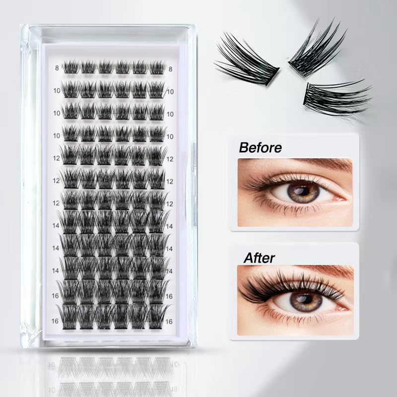 Individual Cluster Lashes, 72 PCS DIY Eyelash Extension,Natural Look Wispy Clusters Lashes 8-16MM D Curl Individual Lashes Extensions Reusable In