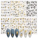 9 Sheets Black Gold Abstract Nail Art Stickers Line Plant Nail Stickers Self-Adhesive Line Leaf Flower Lady Face Leopard Print Nail Decals Sticke