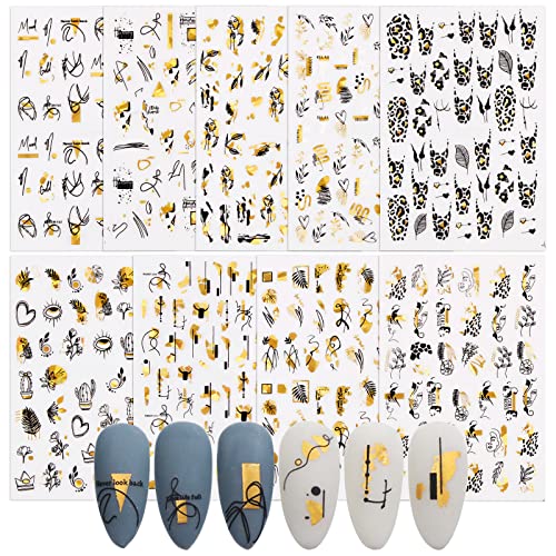 9 Sheets Black Gold Abstract Nail Art Stickers Line Plant Nail Stickers Self-Adhesive Line Leaf Flower Lady Face Leopard Print Nail Decals Sticke