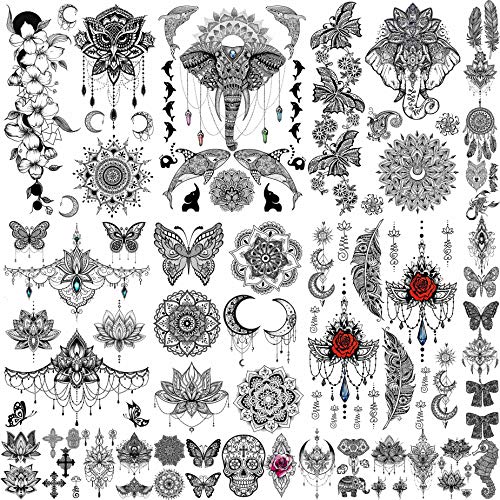 EGMBGM 28 Sheets Tribal Black Temporary Tattoos For Women Girls, Waterproof Fake Tattoos Temporary Elephant Ganesha Lace Tattoo Kits, Lotus Manda