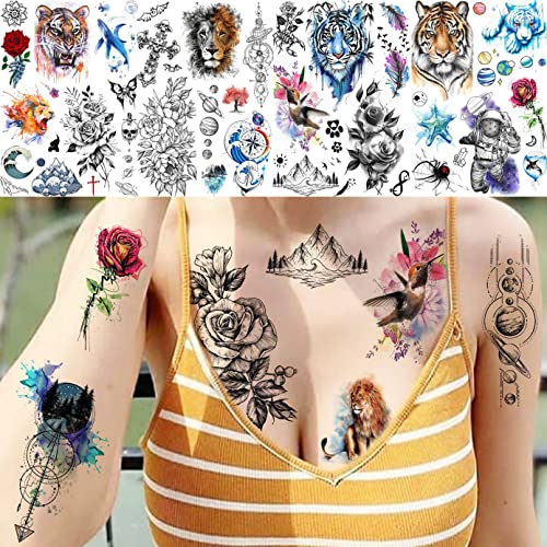LAROI 31 Sheets Watercolor Temporary Tattoos For Kids Women Men Adults, Rose Peony Flower Fake Tattoo Stickers, Colorful Planets Star Animals Tat