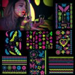 Konsait 7 Large Sheets Neon Temporary Tattoos, 100+ Shimmer Designs Glow UV Neon Body Face Skin Tattoo Jewellery Tattoos Flash Fake Waterproof Ta