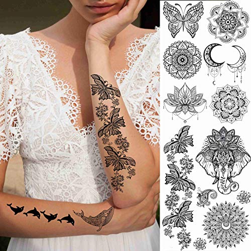 EGMBGM 28 Sheets Tribal Black Temporary Tattoos For Women Girls, Waterproof Fake Tattoos Temporary Elephant Ganesha Lace Tattoo Kits, Lotus Manda