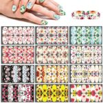 Mwoot 12 Sheets Flower Nail Stickers, Maple Leaf Hawaii Full Nail Wraps, Nail Polish Strips Stickers, Nail Art Adhesive Decoration with Nail File