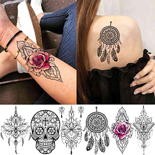EGMBGM 28 Sheets Tribal Black Temporary Tattoos For Women Girls, Waterproof Fake Tattoos Temporary Elephant Ganesha Lace Tattoo Kits, Lotus Manda