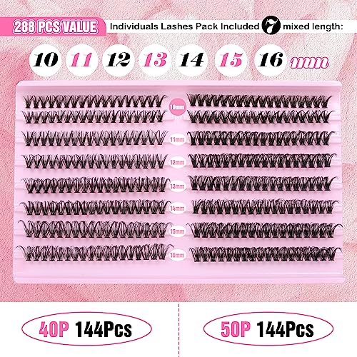 Lash Clusters 288Pcs DIY Individuals Eyelash Extenisons Natural Look 40P 50P Individual Lashes 8-16MM CC Curl Individual Lashes DIY at Home Wispy