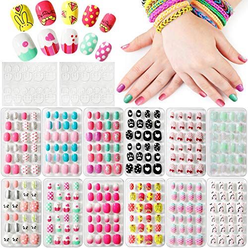 Kalolary 288PCS Kids False Nail, Press on Pre-glue Full Cover Candy Pattern Short False Nail Kits with 48PCS Nail Adhesive Tabs, Children's Day L