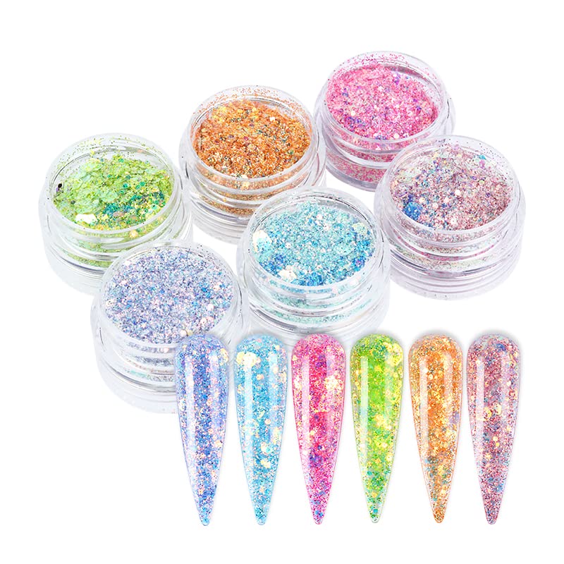 Holographic Mermaid Nail Art Glitter Iridescent Powder Dust Flakes JMEOWIO 6 Grids Shiny Bright Ice Slag Nail Sequins Paillettes Nail Art Decorat