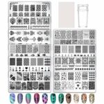 birdsunshine 10 Pcs Nail Stamping Plates, Flowers, Lace, Geometric Patterns Nail Art Stamping Templates Manicure Tool Kit, with 1 Stamper and 1 S