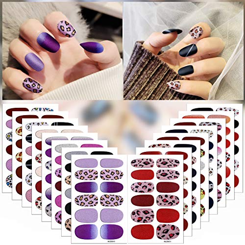 MWOOT 16 Sheets Leopard Full Wraps Nail Stickers with Nail File,Assorted Self Adhesive Nail Polish Stickers, Nail Art Decals Strips Manicure Kits