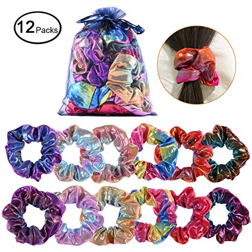Shiny Metallic Scrunchies for Girls, 12 Pieces Hair scrunchies for Women Elastics Ponytail Holder Hair bands Teenage Girls Hair Accessories Gift