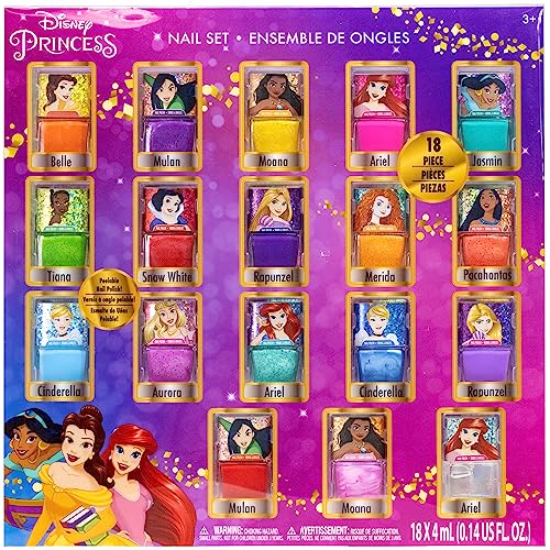Disney Princess - Townley Girl Water Based Peel-Off Nail Polish Set with Shimmery and Opaque Colors with Nail Gems for Girls Kids Ages 18 Pcs 3+