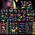 DPKOW 9 Large Sheets Neon Temporary Tattoos, 100+ Assorted Designs Glow UV Neon Body Face Flowers Butterfly Flash Fake Waterproof Tattoo Stickers