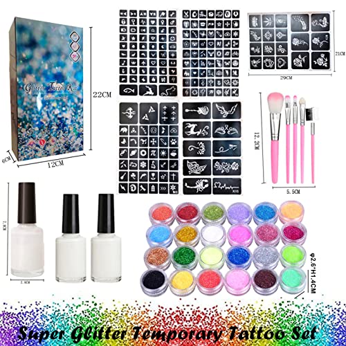 Glitter Tattoos Kit,Glitter Temporary Tattoo Set for Adult Kids,24 Colors Glitter Tattoos Kit,187 Stencils,Flash Body Nail Glitter Art Paint Make