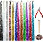 47 Inches Hair Extension Tinsel with Tool 12 Colors 2400 Strands Hair Extension Tinsel Kit Glitter Hair Extensions for Women Girls Hair Accessori