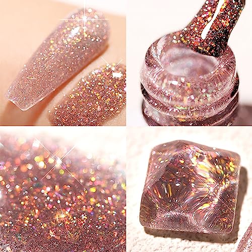 Glitter Nail Polish - Quick Dry Nail Varnish - Rose Gold Shimmering Metal Holographic Nail Paint - Color Pink Champagne Nail Polish No Need Cure