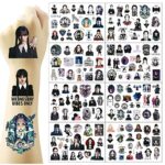 Wednesday New Addams TV Show Temporary Tattoos,8 Sheets 200+ Patterns Temporary Waterproof Removable, Birthday Party Bag Filler