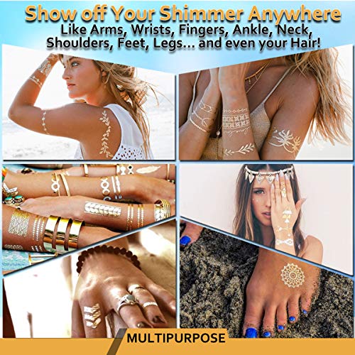 Gold Tattoos for Women (12 Sheets Waterproof Festival Tattoos), Gold Temporary Tattoos Festival, Fake Tattoos for Girls Woman by AniSqui