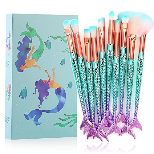 Makeup Brushes, Tenmon 10 Pieces Mermaid Style Eye Brushes Sets Suitable for Concealer Eye Shadow Powder Blush Liquid Foundation Advanced Mixed C