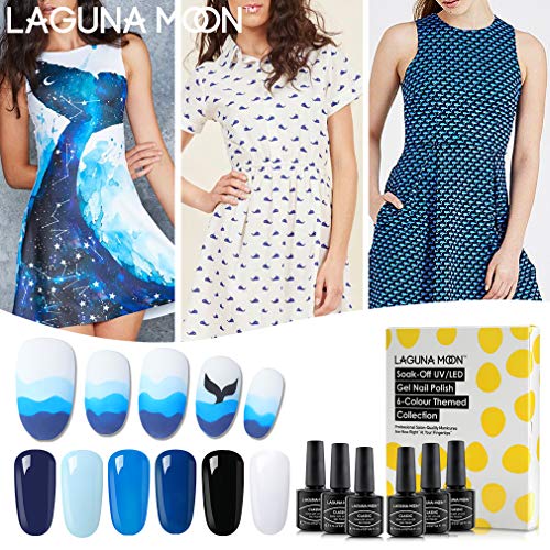 Lagunamoon Gel Nail Polishes, 6 Colors Blue Black White Gel Nail Polish Set Soak Off Long Lasting UV LED Light DIY Manicure Gel Polish Kit Salon