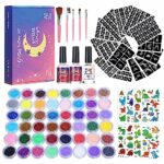 Solong Glitter Tattoo Kit, Temporary Tattoo Set for Kids - 48 Colours Glitter, 318 Stencils, 10 Sheets Tattoo Stickers,Skin Friendly Flash Body M