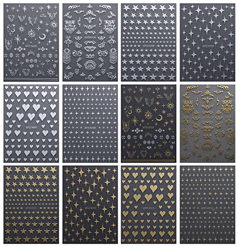 JMEOWIO 12 Sheets Moon Star Nail Art Stickers Decals Self-Adhesive Gold Silver Nail Supplies Nail Art Design Decoration Accessories