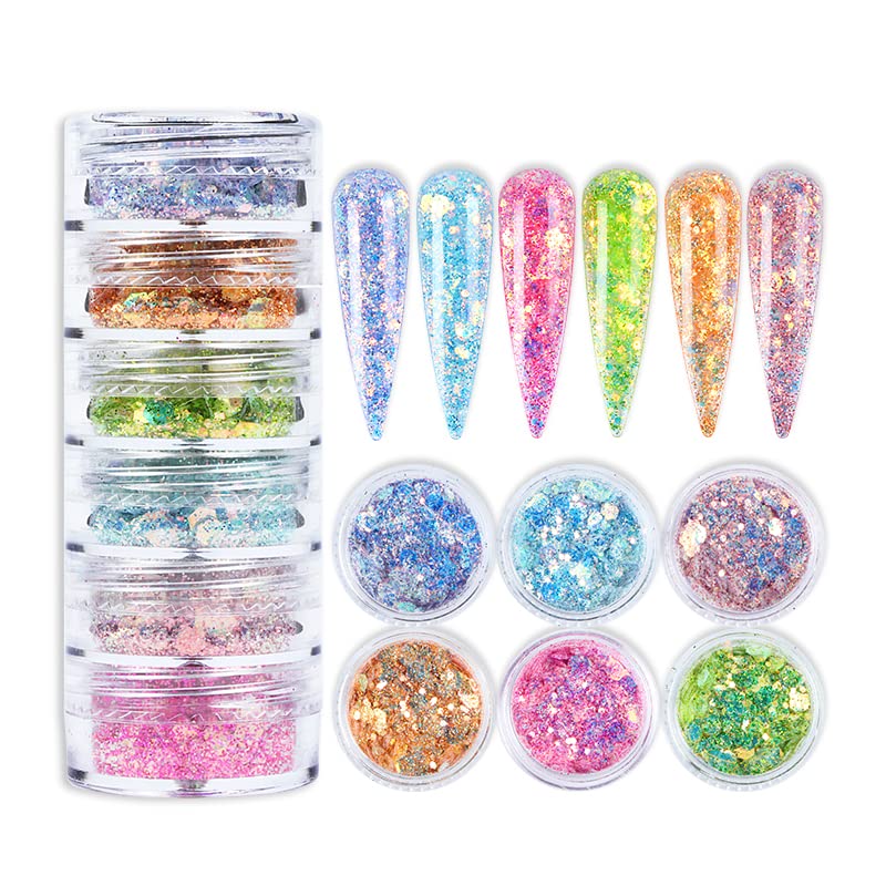 Holographic Mermaid Nail Art Glitter Iridescent Powder Dust Flakes JMEOWIO 6 Grids Shiny Bright Ice Slag Nail Sequins Paillettes Nail Art Decorat