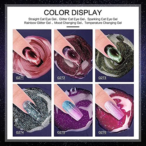 Morovan Gel Nail Polish Kit - 3 Pcs 9D Cat-eye Magnetic Colors Changing Gel Nail Polish and 3 Pcs Holographic Cat-Eyes Temperature Rainbow Mood C