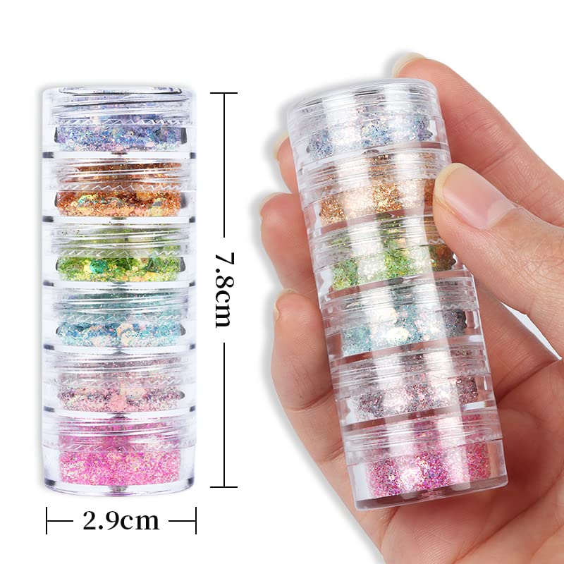 Holographic Mermaid Nail Art Glitter Iridescent Powder Dust Flakes JMEOWIO 6 Grids Shiny Bright Ice Slag Nail Sequins Paillettes Nail Art Decorat