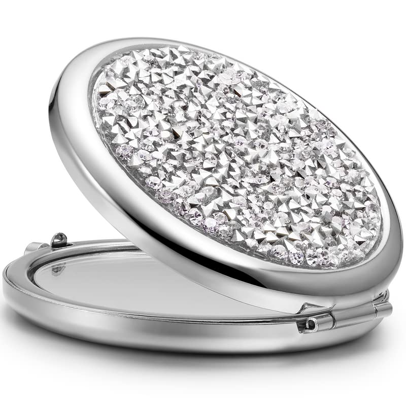 OMIRO Compact Mirror, Mini Mix Diamond 1X/2X Magnifying Round Metal Pocket Makeup Mirror (Silver)