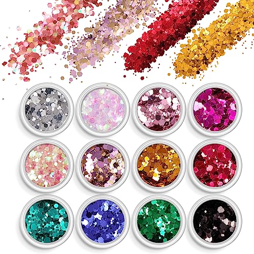 AOOWU Chunky Glitter, 12 Colors Festival Glitter, Nail Glitter Powder, Holographic Cosmetic Glitter for Face Body Eye Hair Nail and DIY Art (A)