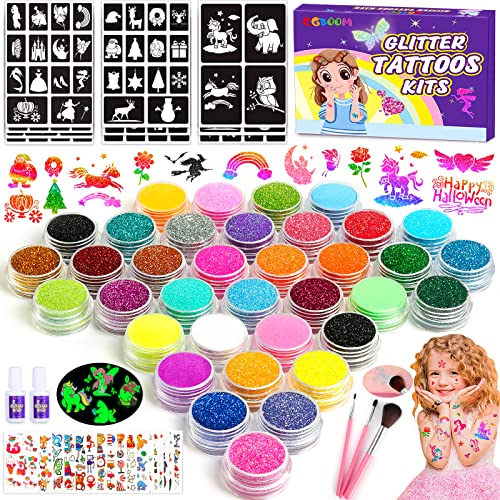 Glitter Tattoos for Kids, Sparkly Birthday Gift for 6 7 8 9 10 Year Old Girls, Temporary Tattoo Set Including Glitter, Tattoo Stencil, Luminous T