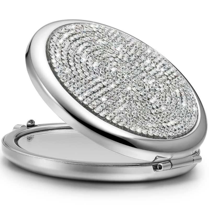 OMIRO Compact Mirror, Mini Mix Diamond 1X/2X Magnifying Round Metal Pocket Makeup Mirror (Silver)