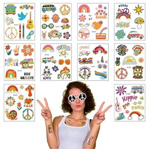 10PCS Hippie Temporary Tattoo Trendy Hippie 60's Flower Tattoo Sticker Face Tattoos for Adults and Kids Love and Peace Sign Temporary Tattoo Part