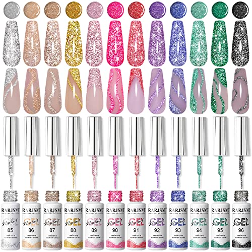 RARJSM Gel Liner Nail Art Reflective Glitter Flash Diamond Liner Gel Polish 12 Colors 5ml Sparkle Silver Hot Pink Black Pigment Painted Stripe Br